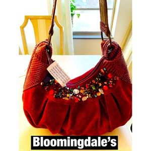 Bloomingdale’s, Burgundy Beaded Suede Leather Snake skin Trimmed Tote Ba…